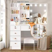 Tocador, tocador con luz y espejo corredero, tocador para dormitorio con taburete tapizado, tocador con cajones y separadores para dormitorio (blanco) - Blanco - Ver 2