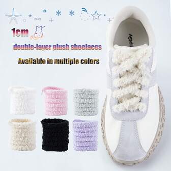 3/6 Pairs Solid Color Fluffy Double-Layer Shoelaces, 1cm Wide Casual Sports Shoelaces
