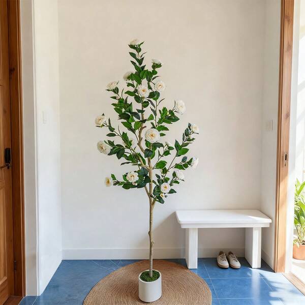 1 pièce Arbre de camélia artificiel de 125-195 cm avec pot en plastique, décoration d'intérieur et d'extérieur, plante artificielle pour la maison, le jardin, le salon, le balcon, la décoration de Noël et d'Halloween