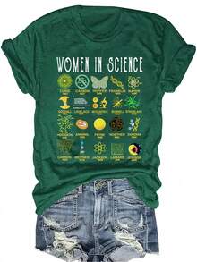 Women In Science Graphic Tee, Casual Crew Neck Short Sleeve T-Shirt With Scientific Icons Print, MicroStretch Fabric, Perfect For Casual Attire Or Science Enthusiasts, Dark Color, Science Themed Apparel |   Scientific Motif Clothing - 墨綠色 - 查看 1