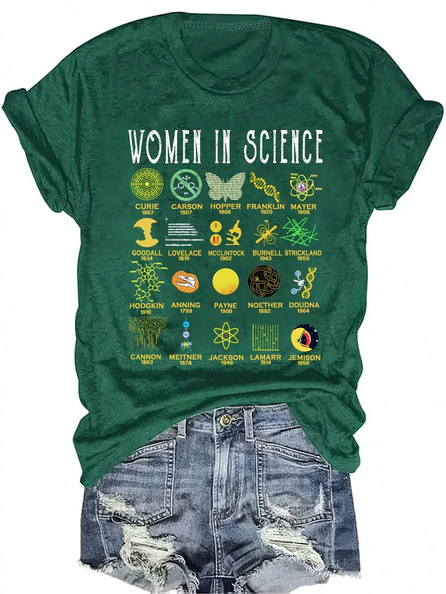 Women In Science Graphic Tee, Casual Crew Neck Short Sleeve T-Shirt With Scientific Icons Print, MicroStretch Fabric, Perfect For Casual Attire Or Science Enthusiasts, Dark Color, Science Themed Apparel |   Scientific Motif Clothing - 墨綠色 - 查看 1