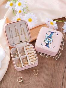 1 Peça Caixa de Joias Minimalista com Floral e Letra, Caixa de Joias Portátil de PU para Viagens de Verão, Mini Organizador de Joias para Brincos, Colares, Anéis, Exibição e Armazenamento de Joias, Caixa de Joias de Grande Capacidade, Adequada para Presentes do Dia das Mães, Natal, Halloween, Organizador de Joias Feminino, Essencial de Viagem, Armazenamento de Dormitório de Volta às Aulas - Rosa chiclete - Visão 20