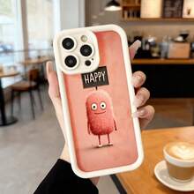 Funda para telefono con borde negro color coral con estampado de personaje peludo rosa y texto HAPPY ideal para uso diario en cafeterias y espacios urbanos Aplicable a los teléfonos de la serie Apple y Galaxy - Blanco - Ver 2