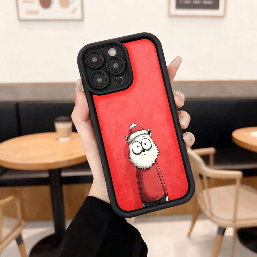 Cubierta de teléfono con borde negro y parte trasera roja con estampado de gato navideño usando gorro de Santa Claus para uso diario en cafeterías y espacios casuales Aplicable a los teléfonos de la serie Apple y Galaxy - Burdeos - Ver 1
