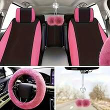 48 Pcs Pink Car Seat Cover Set Full Car Seat Covers Front Rear Seat Covers Plush Steering Wheel Cover Seat Belt Car Mat Car Air Conditioner Trim Car Accessories For Women - Xám - Xem 4