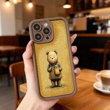 Funda de teléfono con borde negro dorado con diseño de oso sosteniendo taza de café para uso diario en cafeterías Aplicable a los teléfonos de la serie Apple y Galaxy - Burdeos - Ver 5