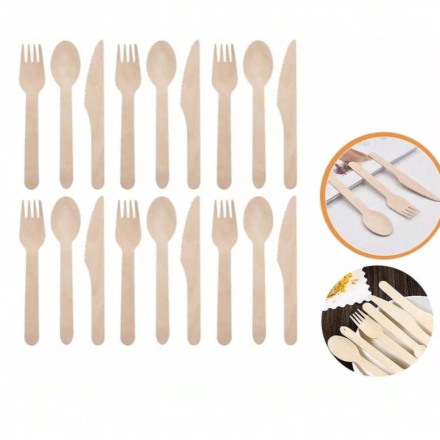 Cubiertos desechables de madera Cuchara tenedor y cuchillo Juego de vajilla desechable para exteriores, fiestas, campamentos y picnics Restaurantes - Camel - Ver 1