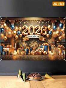 1件2026新年快乐金色背景横幅，新年气球形状涤纶悬挂旗帜背景布，庆祝派对家居房间家庭活动拍照背景墙装饰，新年礼物，花园庭院装饰花园旗帜，悬挂装饰，派对拍照道具，2026新年装饰，派对礼品 - AI新年風格A款 - 查看 3