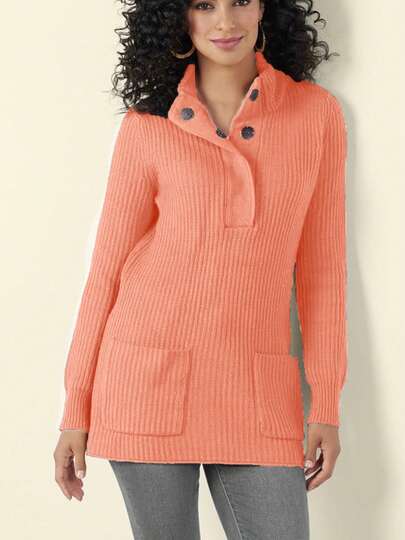 Blusa de manga larga de punto, corte regular, con detalles de botones, tela elástica, adecuada para otoño/invierno y todas las estaciones