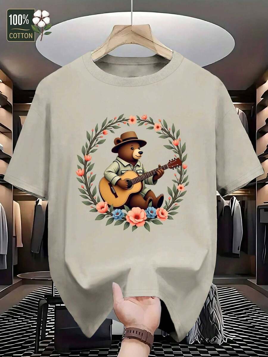 Camiseta Gráfica para Hombre - Oso Tocando la Guitarra en Marco Floral (Rosa/Verde/Azul) - 100% Algodón Suave y Transpirable, Corte Regular para Looks Casuales y Formales - Esencial de Verano Lavable a Máquina por GILDAN, Camiseta Artística, Tejido No Transparente