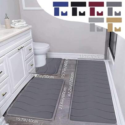 3-Piece Large Foam Bath Mat Set, Super Soft & Absorbent Bathroom Rugs With Non-Slip Backing, Machine Washable Toilet Mats For Bathroom, Shower, Vanity, Christmas Decorations
