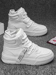 Men's Fashion High-Top Lace-Up Sneakers, Thick Sole Casual Elevated Shoes, Round Toe PU Leather Durable Skateboard Shoes, Unisex Geometric Pattern Patchwork Outdoor Leisure Sports Shoes, Stylish Biker Boots For Young Men, For Active Jeans Outfit - 白色 - 查看 3