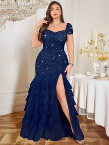 Plus Sweetheart Neck Sequin Floral Lace Contrast Tiered Ruffle Trim Split Thigh Hem Formal Party Maxi Dress Prom Wedding Guest Gown, Homecoming Dress, For Birthday, Graduation, Dinner - 藏蓝色 - 查看 4