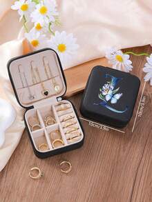 1 Peça Caixa de Joias Minimalista com Floral e Letra, Caixa de Joias Portátil de PU para Viagens de Verão, Mini Organizador de Joias para Brincos, Colares, Anéis, Exibição e Armazenamento de Joias, Caixa de Joias de Grande Capacidade, Adequada para Presentes do Dia das Mães, Natal, Halloween, Organizador de Joias Feminino, Essencial de Viagem, Armazenamento de Dormitório de Volta às Aulas - Preto - Visão 28