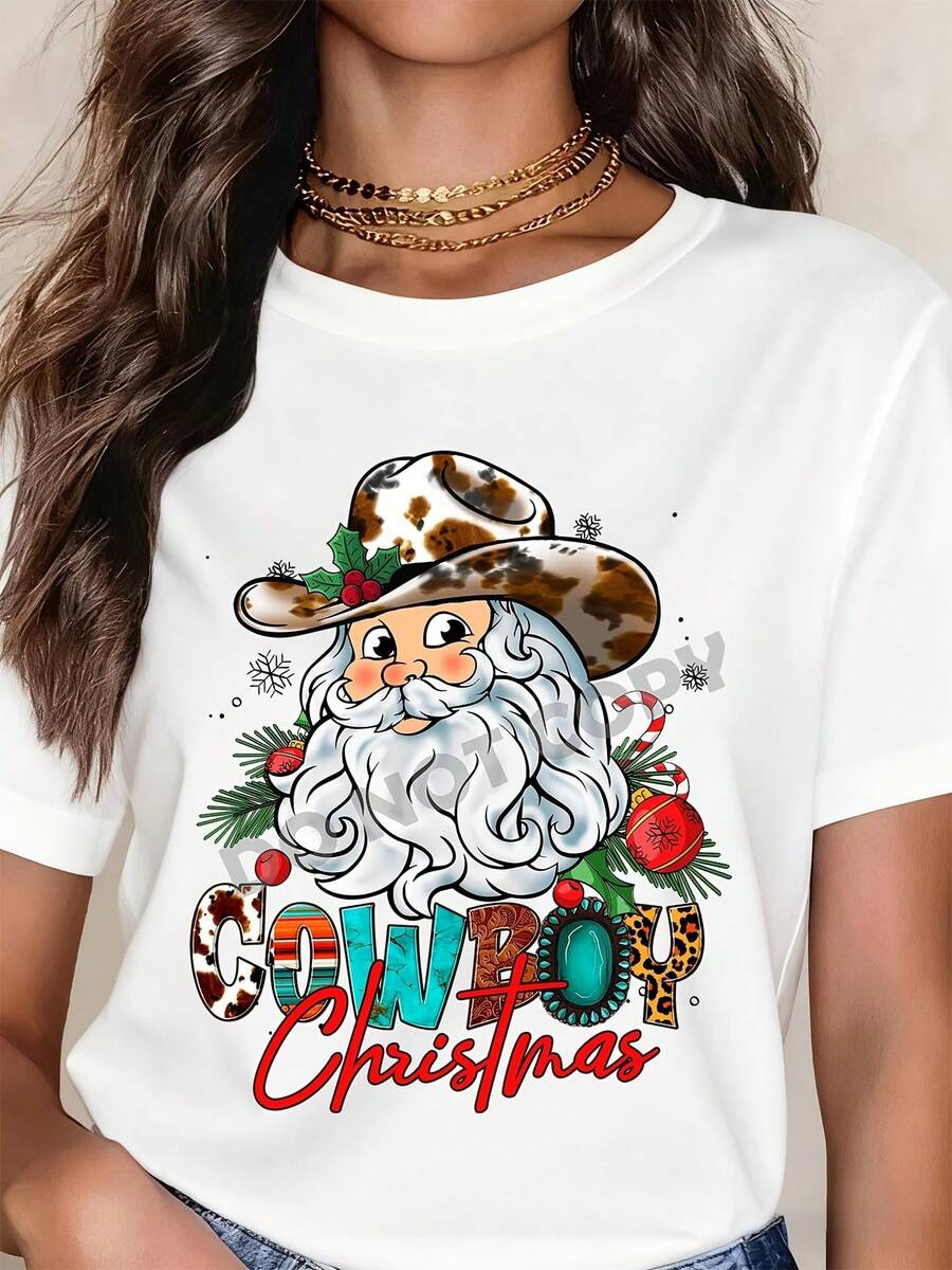 Cowboy Christmas Santa With Leopard Hat And Holiday Decor Women's T-Shirt Festive Western Holiday Design For Christmas Season Comfortable Cotton Tee Gift For Christmas Party,Women's Graphic Tee Casual Short Sleeve Round Neck Top, Fall Outfit - 白色 - 查看 1