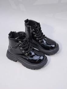 Girls' Flower Lace-Up Zipper Boots, Casual Slip-Resistant Patent Leather Warm Ankle Boots For Kids, Toddlers, Children, Autumn/Winter - Black - View 3