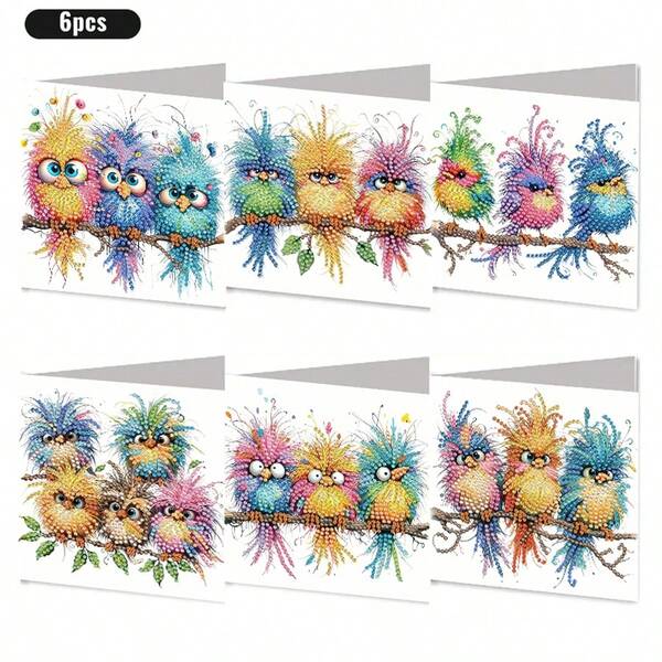 Set de 6 tarjetas de felicitación con pintura de diamantes, postales con tema de pájaros esponjosos, diseño hecho a mano único, tarjetas de Año Nuevo, deseos de cumpleaños, tarjetas de felicitación para fiestas de vacaciones y eventos (incluye 6 sobres), ideal para expresar bendiciones cálidas y maravillosas a mayores, familiares y amigos, tarjetas postales con pintura de diamantes para expresar sentimientos sinceros, el mejor regalo para expresar sentimientos.