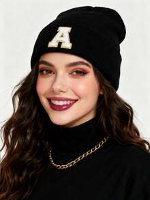 1顶男女通用个性化刺绣A-Z字母弹力针织帽，时尚街头嘻哈针织帽，适合秋冬季日常佩戴 - 黑色 - 查看 2