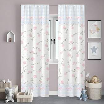 2 st naturliga gardiner för landsbygden med rosa rosrutigt designmönster, stångpåse för insynsskydd, enkla att installera, maskintvättbara, lämpliga för olika scendekorationer i vardagsrum, sovrum och arbetsrum, lämpliga för alla årstider