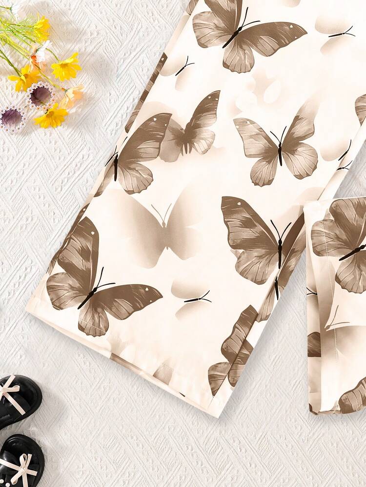 2pcs/Set Summer New Girls Sleeveless Top & Pants Set, Asymmetric Fuchsia Top, White Butterfly Print Pants, Comfortable & Soft Casual Outfit For Children - Khaki - View 6