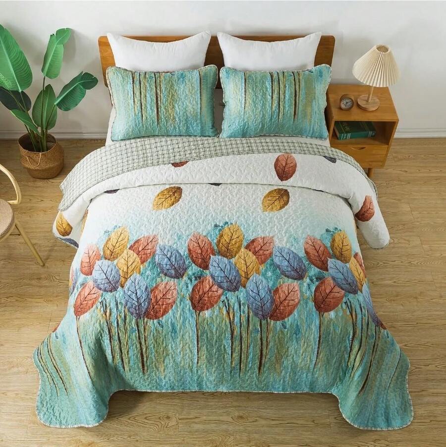 3Pcs Multicolor Leaf Queen King Double Bedspread Coverlet Bedding Sets (1 Quilt + 2 Pillow Cases), Fashion Leaf Design, Fresh & Minimalist, Comfortable Soft Breathable, Suitable For Wedding Items, Valentines Day Home Bed Room Decor, Mothers Day Gift, All Season - 彩色 - 查看 1
