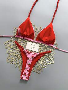 Swim Two Pieces Geometric Pattern Drawing Tropical Flower Print Casual Cute Elegant Sexy Bohemian Sash Bikini Beach Vacation Spring And Summer Season Women's Set Beach Wear Beach Women's Bikini Beach Outfits For Women