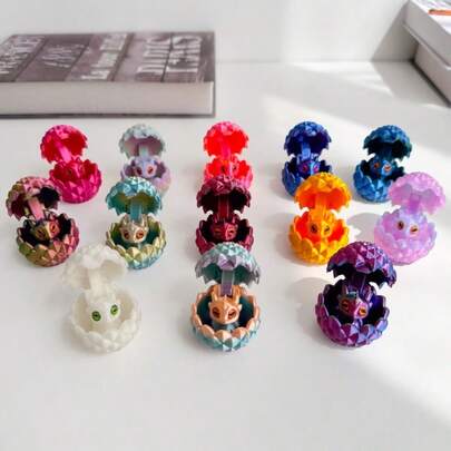 3D打印可爱迷你龙和蛋壳，蛋壳可上下打开，3D打印龙形微缩模型，恐龙和爬行动物模型，桌面摆件，汽车装饰品，花园装饰（眼睛款式随机）