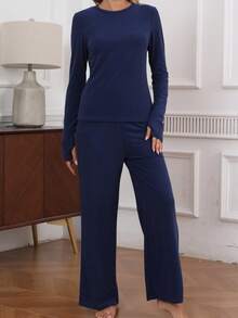 2件套女士牛奶丝睡衣套装，柔软舒适弹力睡衣，春/秋/冬款 - 藏蓝色 - 查看 4