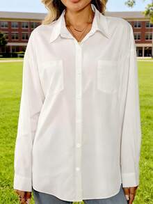 Women's Solid Color Drop Shoulder Long Sleeve Single-Breasted Pocket Outdoor Shirt - White - View 1