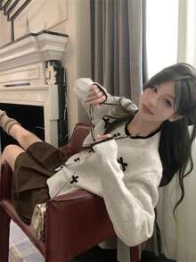 女士蝴蝶结长袖针织开衫，宽松撞色针织衫，甜美风格，秋冬款