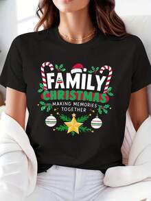 Camiseta Navideña Familiar para Mujeres - Camiseta Casual de Manga Corta con Cuello Redondo, Estampado de Bastón de Caramelo y Acebo, Eslogan "Familia Navideña Creando Recuerdos Juntos", Diseño de Pan de Jengibre y Árbol - Atuendos de Fiesta de Primavera/Otoño, Ropa Festiva Lavable a Máquina (Negro con Letras Rojas/Verdes) - Ideal para Sesiones de Fotos Familiares y Reuniones - Negro - Ver 2