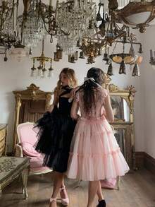 Womens Party Tutu Dress Stylish Solid Ruffled Trim Tie Back Sleeveless Tie-Shoulder Midi A-Line Dress - Black - View 6