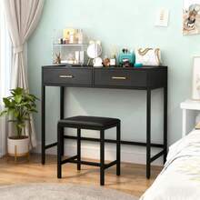 Modern Computer Desk With 2 Drawers Home Office Console Dressing Table Stool - White - View 5