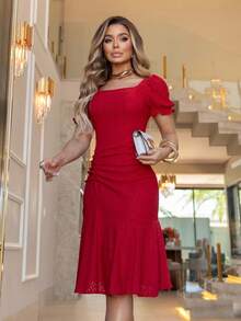 Women's Modern Casual Elegant Midi Lace Dress With Spandex, Comfortable, And Ruffled Hem. - 紅色 - 查看 10