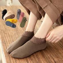 6/1pair Women's Boat Socks, German Fleece Autumn And Winter Warm Mid-Calf Silicone Non-Slip Thickened Lace Trim Winter Floor Socks - Multicolor - View 9