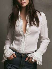 女士优雅白色衬衫，褶裥饰边，梭织面料，适合办公室穿着，四季皆宜，春季款 - 白色 - 查看 10