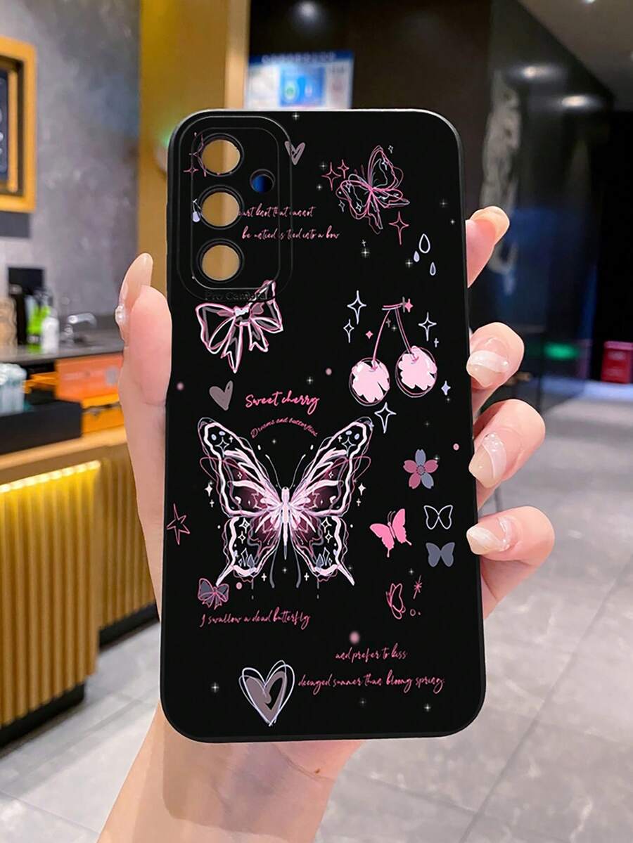 1个蝴蝶樱花图案UV印刷防摔手机壳,兼容三星/Galaxy/Infinix/红米/OPPO/vivo/Realme等安卓机型 - 黑色 - 查看 1