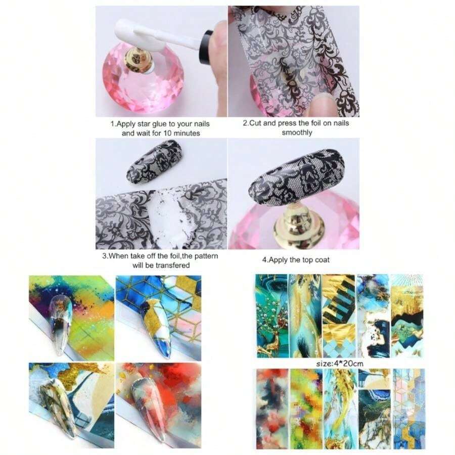 10 Sheets Nail Foil Flower Nail Stickers Floral Nails Design Starry Sky Foils Nail Art Nail Transfer Foil Nail Decals Nail Salon Decoration - Style 3 - 查看 1
