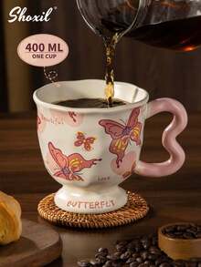 shoxil 1pc 400ml Ceramic Butterfly Shaped High Foot Glass Cup, Elegant Appearance, Cartoon Water Mug, Office & Home Use