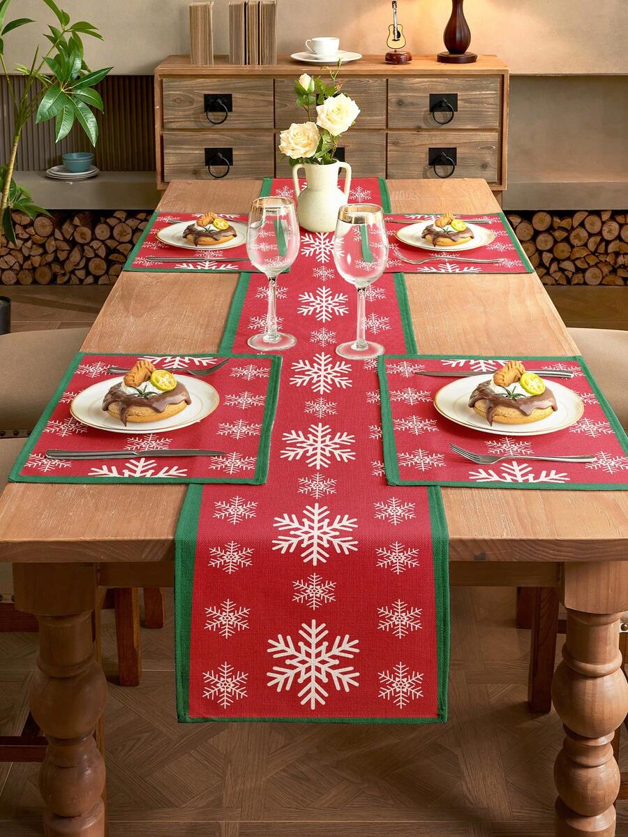 1/2/3/4/5pcs Linen Table Runner And Placemat Set, Heat Resistant, Stain Resistant, Wrinkle-Resistant, Machine Washable, Suitable For Home Dining Room And Restaurant, Table Decor, Home Supplies, Suitable For Holiday Parties, Kitchen, Fireplace - Multicolor - View 1