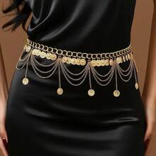 1pc Metal Bohemian Vintage Coin Waist Chain For Women, Adjustable Dress Waist Belt With Butterfly And Flower Tassels, Suitable For Daily Wear, Vacation, And Travel - X514-22橢圓五顆流蘇金色 - 查看 10