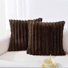 2pcs/Pack Striped Plush Pillow Cover, Modern Polyester Fluffy Square Soft Cushion Covers For Living Room, Sofa, Bedside, Home Use - Coffee Brown - View 9