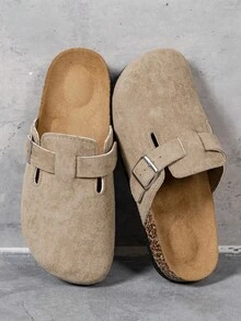 Wide Fit Men's Casual Solid Color Slip-On Mules, Comfortable Non-Slip Durable Soft Sole, Round Toe Design, Comfortable Fabric Upper, PVC Sole, Slip-On Closure, Suitable For Outdoor Activities All Year Round - Khaki - View 6