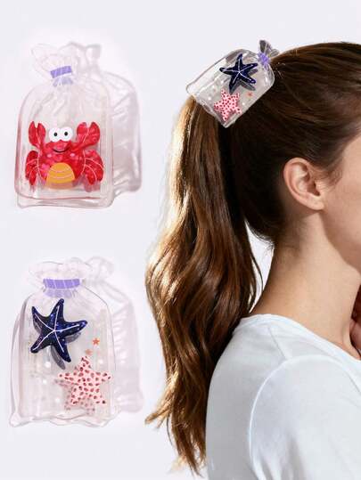 2个创意海洋生物系列海星螃蟹印花透明亚克力发夹，可爱发爪，适合马尾辫、丸子头、休闲、派对、露营、生日、情人节、感恩节、周年纪念日、节日礼物，夏季发饰沙滩发爪夹度假必备