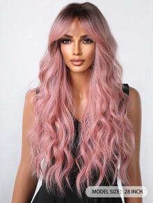 Long Wavy Synthetic Wig 28 Inch Ombre Pink Wigs For Women Middle Part Wig With Dark Brown Roots Natural Heat Resistant Hair Wig For Party Halloween Daily Use