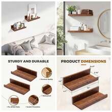 12 Small Floating Wall Ledge Shelves With Lip - Set Of 2 Wood Floating Shelves - Honey Brown Wall Mounted Picture Ledge Office, Bathroom, Bedroom, Living Room, Kitchen - Honey Brown + 12" - View 1