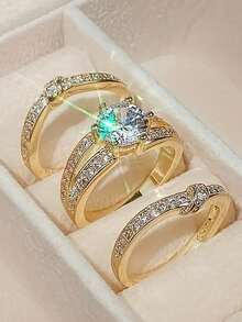 3-Piece Set Of Fashionable Luxury Gold Sparkling Synthetic  Gold Ring For Girls, A Gift Ring For Christmas And Valentine's Day Anniversary - 金色 - 查看 2