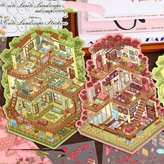 Stora klistermärken med villascener, rosdröm taktila membran DIY scrapbooking-klistermärken, 3D-miniatyrscenklistermärken