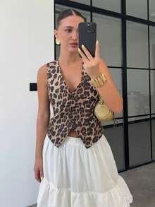 Women Tank Top Chic Fashion Leopard Spring Summer V-Neck Single-Breasted Vests Top Ladies Casual Sleeveless Going Out Top New Waistcoat - Leopard Print - View 4