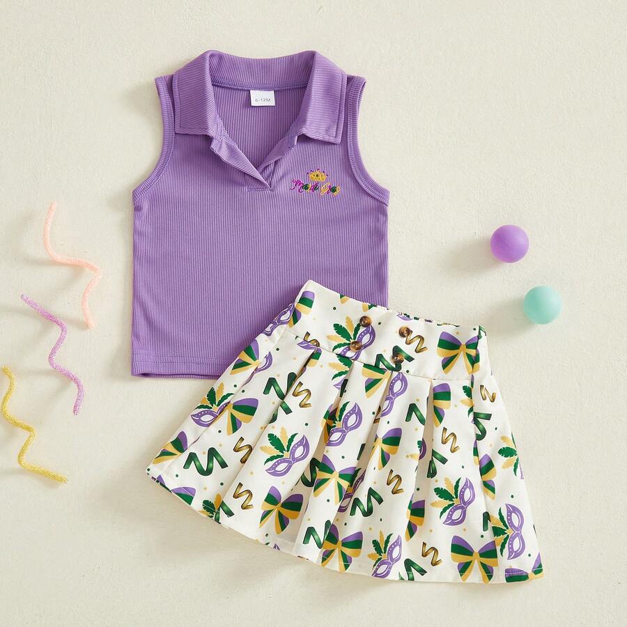 2Pcs/ Set Toddler Baby Girl Carnival Games Outfit Summer Sleeveless Lapel Collar Solid Color/Striped Vest Tops With Pleated Skirt Set - 紫色 - 查看 1